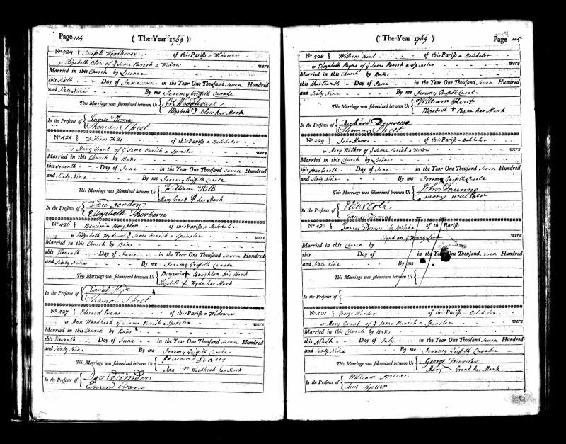 Marriage St Paul Parish Church, Shadwell, Tower Hamlets, England, United Kingdom 9 Jul 1769 George Warder & Mary Grant